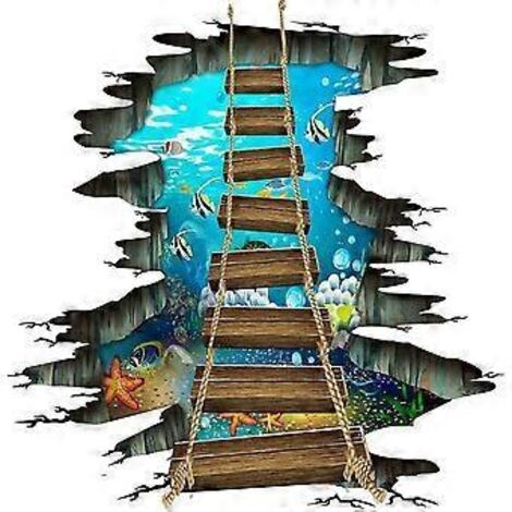 Stickers de sol 3D, monde sous-marin, étoiles de mer, poissons colorés, amovibles, amour de l'océan, mignon pont suspendu en bois, autocollant mural en PVC pour salle de bain