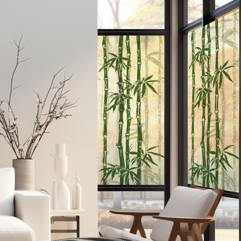 Stickers décoratifs électrostatique, bambous verts, fond jaune, style déssiné, 150 cm X 67,5 cm