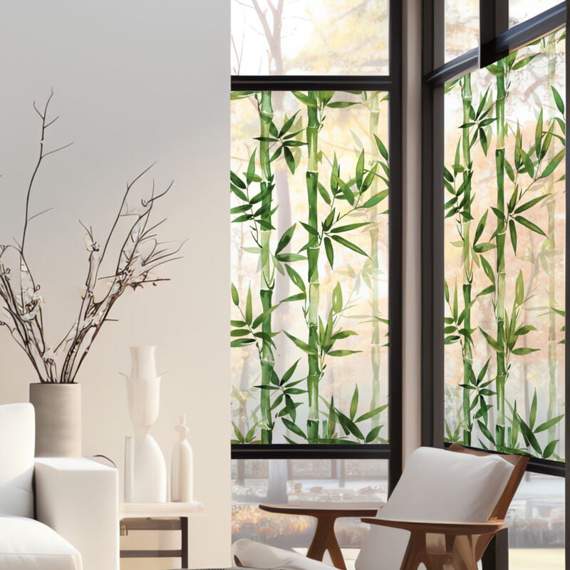 Stickers décoratifs électrostatique, bambous, vert, style aquarelle, 150 cm x 67,5 cm