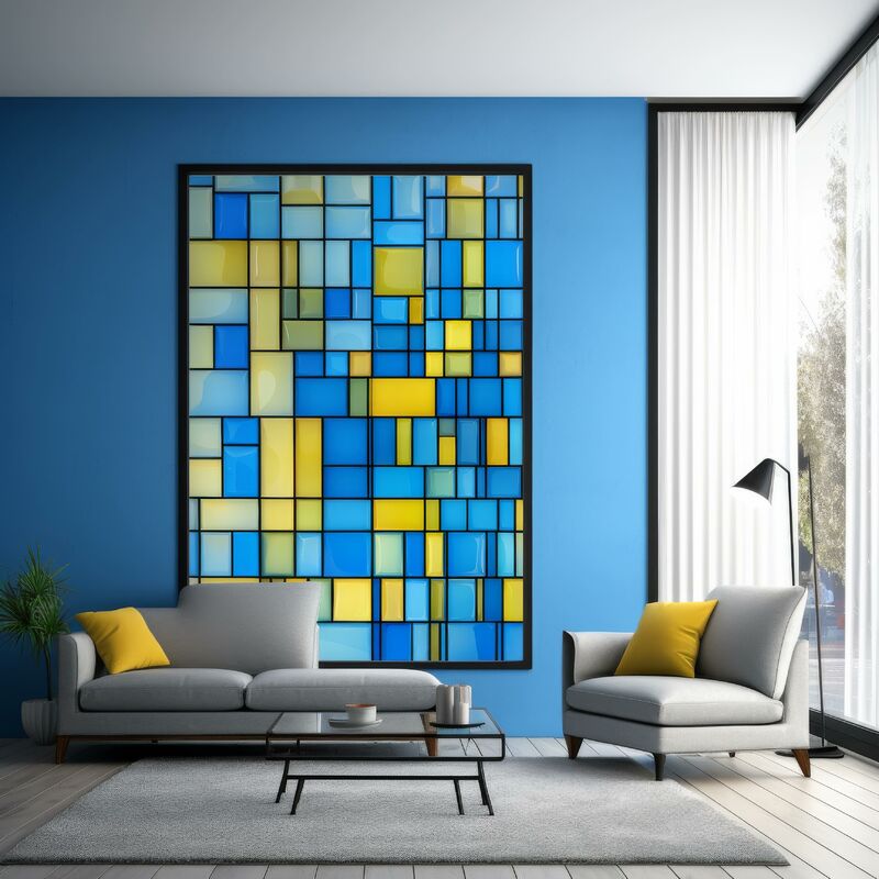 Stickers décoratifs électrostatique, classique contemporain, jaune, bleu, effet vitrail, 200 cm x 45 cm