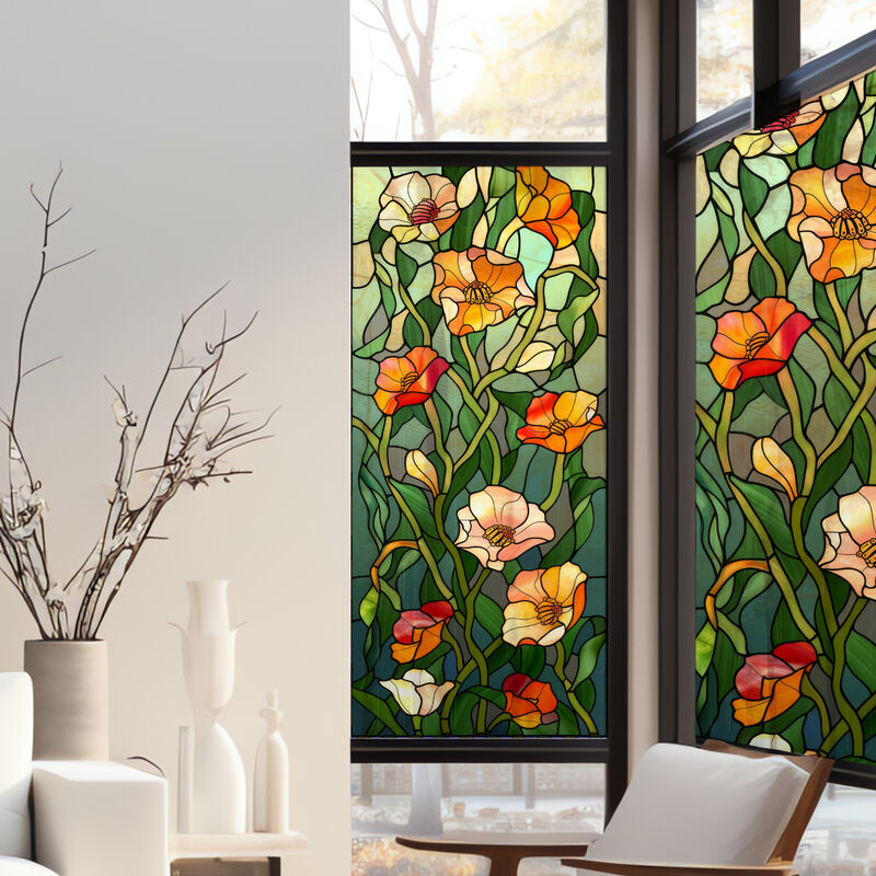 Stickers décoratifs électrostatique, fleurs de champs, effet vitrail, 150 cm x 67,5 cm