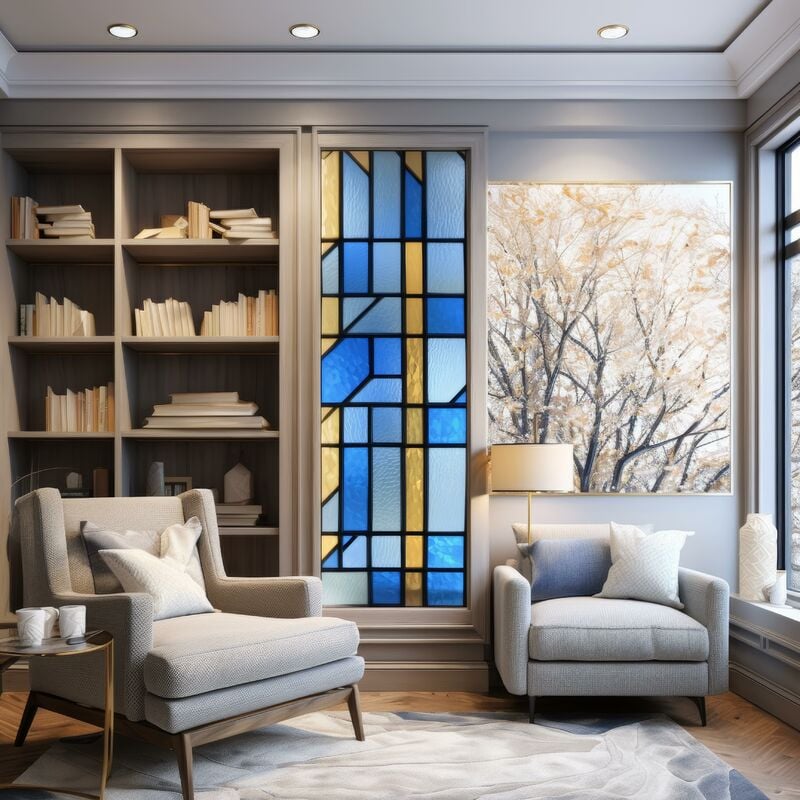 Stickers décoratifs électrostatique, jeu de verres, contemporain, bleu, jaune, effet vitrail, 150 cm x 67,5 cm