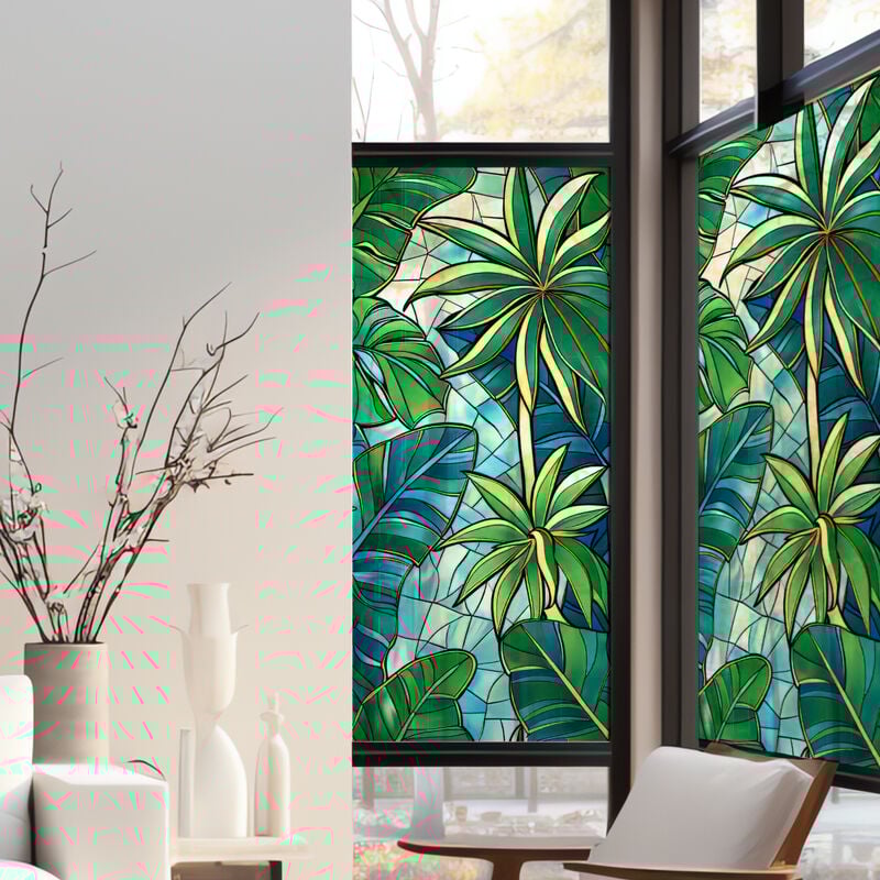 Stickers décoratifs électrostatique, jungle verdoyant, effet vitrail, 150 cm x 67,5 cm