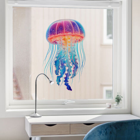 Stickers décoratifs électrostatique, méduse, bleu, rose, orange, mer, animaux marins, enfant, 68 cm X 48 cm