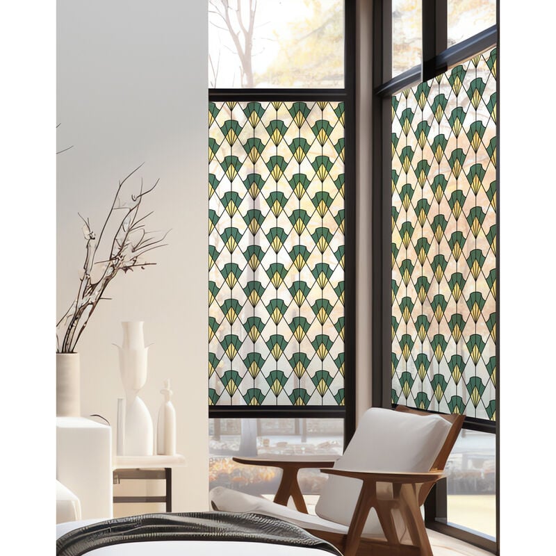 Stickers décoratifs électrostatique, motif art nouveau vert canard et jaune, sublime la lumière, 150 cm x 67,5 cm