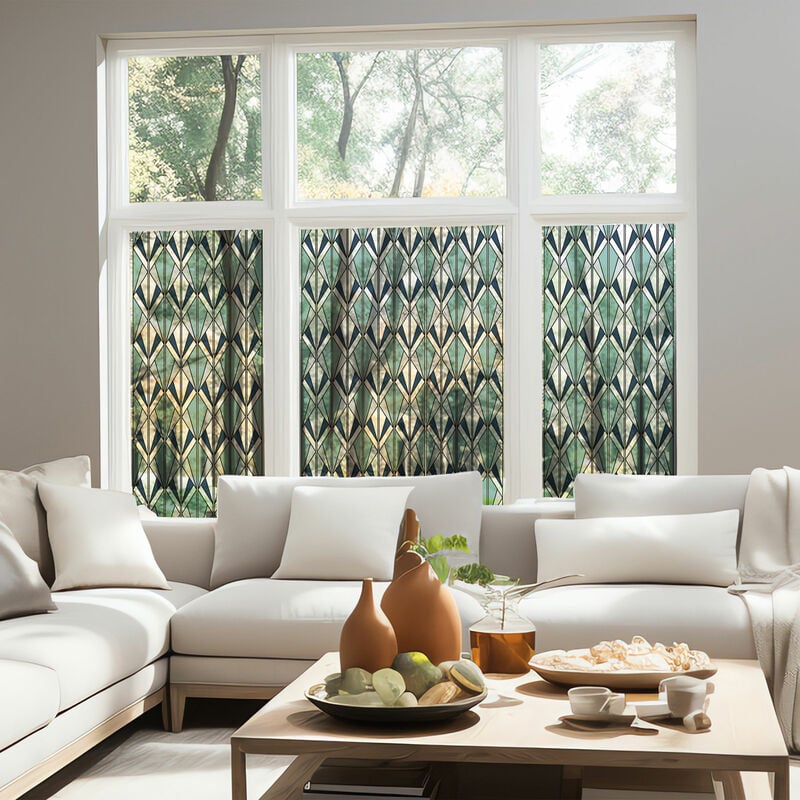 Stickers décoratifs électrostatique, motif graphique bleu et vert effet vitrail lumière colorée, 150 cm x 67,5 cm