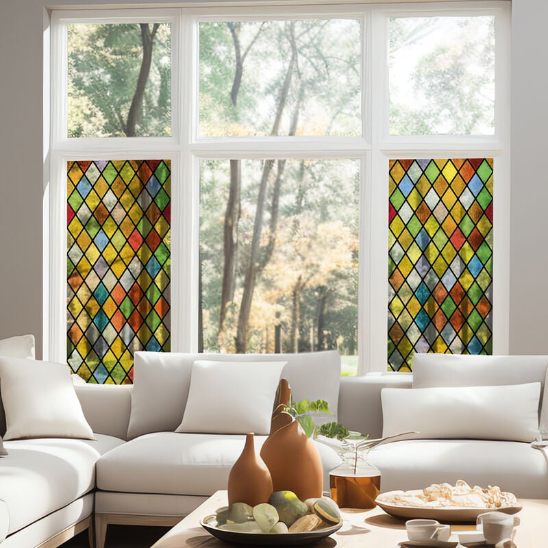 Stickers décoratifs électrostatique, vitrail arlequin effet verre vitrail 3D, très coloré et raccordable, 200 cm X 45 cm