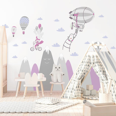 Stickers enfant montagnes scandinaves animaux loufoques 40 x 60 cm