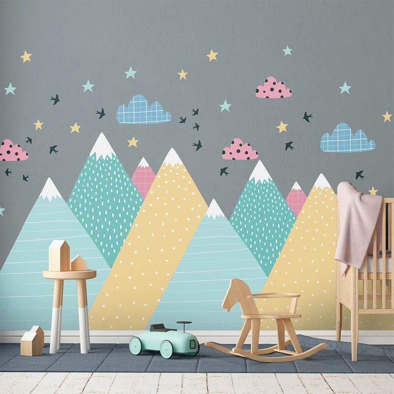 Stickers muraux enfants - Décoration chambre bébé - Autocollant Sticker mural géant enfant montagnes scandinaves donika - 50x75cm