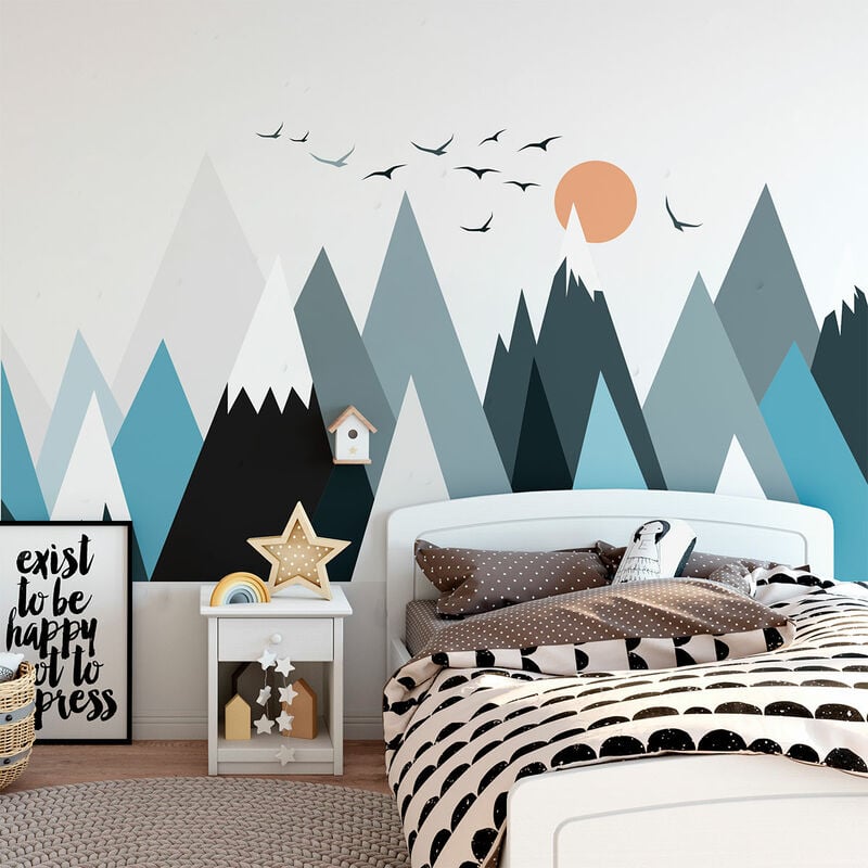Stickers muraux enfants - Décoration chambre bébé - Autocollant Sticker mural géant enfant montagnes scandinaves parka - 70x105cm