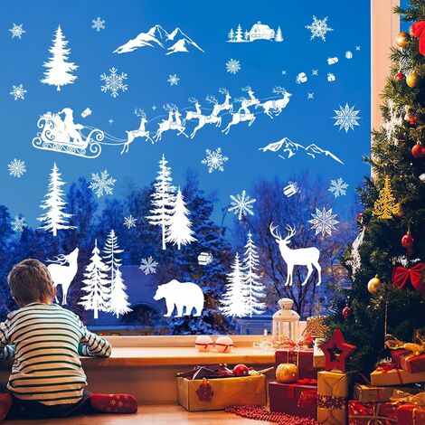 Autocollants grande fenêtre de Noël blanche flocons de neige Wapiti  autocollants arbre de Noël famille Navidad