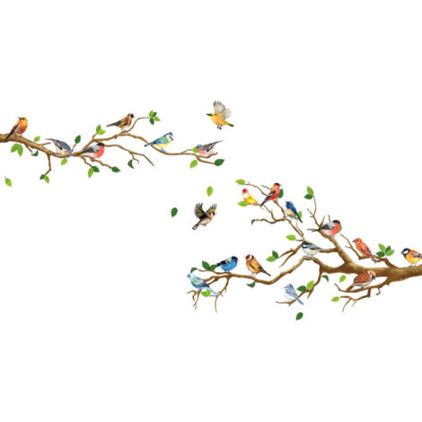 Stickers Fenêtre Oiseaux sur Branche 25 x 35 cm, Lot de 4 Films Anti-collision avec Feuilles Vertes