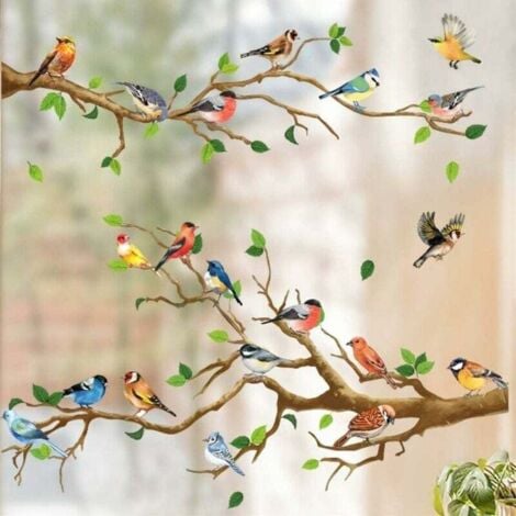 Stickers fenêtre RENCONTRE D'OISEAUX electrostatique I Décoration de fenêtres Autocollants branche d'arbre plantes fleurs été I stickers vitre salon et chambre adulte