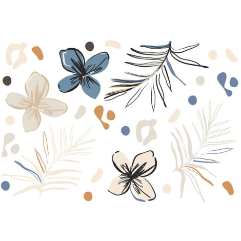 Stickers fleurs bleues et fougère - 1 planche 42,5 x 65 cm