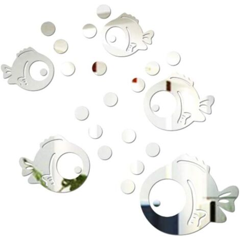 Stickers miroir poissons et bulles, argentés, adaptés aux chambres, salons et salles de bains.
