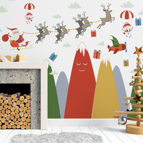 Stickers montagnes le père Noël et ses rennes 120 x 180 cm