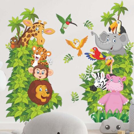 Stickers Mural Animaux de la Jungle Autocollants Muraux Animaux Dessin Animé Stickers Muraux ​Eléphant Singe Girafe Lion pour Chambre de Bébé Pépinière D'enfant Décoration Murale De La Maison