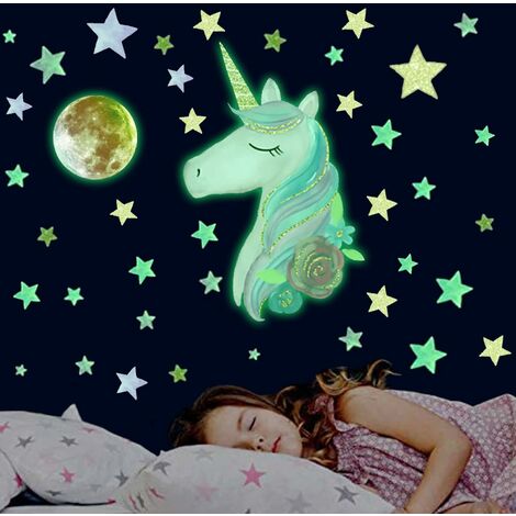 Autocollant mural licorne phosphorescent, pour chambre de fille, étoile,  château arc-en-ciel, princesse, décoration de plafond