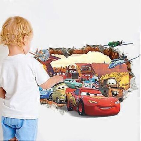 Stickers muraux 3D représentant des voitures et des avions de dessin animé abîmés, pour chambre d'enfant.