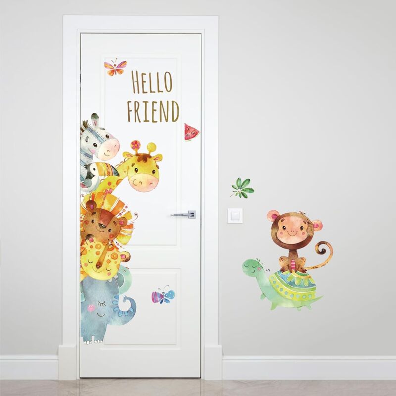 Linghhang - Stickers Muraux Animaux de Dessin Animé Autocollants Muraux Animaux de la Jungle Sticker Mural Éléphant Girafe pour Chambre de Bébé