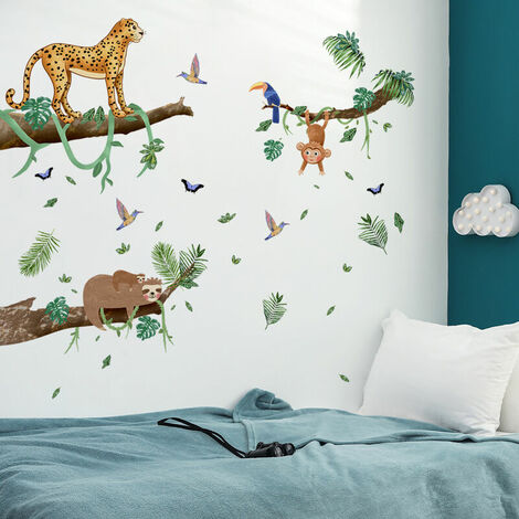 Stickers Muraux Animaux de la Jungle Arbre Autocollants Muraux Mural Stickers Singe Lion pour Chambre Enfants Bébé Pépinière