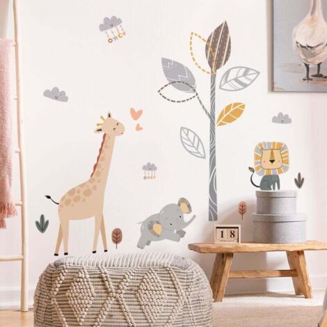 Stickers Muraux Animaux de la Jungle Arbre Boho Autocollants Muraux Mural Stickers Safari Girafe Lion Éléphant pour Chambre Enfants Bébé Pépinière