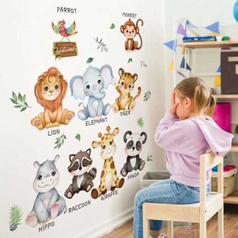 Stickers Muraux Animaux de la Jungle Autocollants Muraux Mural Stickers Éléphant Safari Girafe Panda pour Chambre Enfants Bébé Pépinière