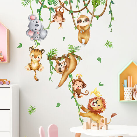 Stickers muraux animaux de la jungle Eléphant Singe Lion Girafe Décorations murales Chambre d'enfant Nursery Living room