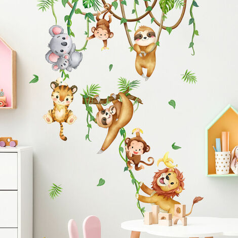 Stickers muraux animaux de la jungle Eléphant Singe Lion Girafe Décorations murales Chambre d'enfant Nursery Living room