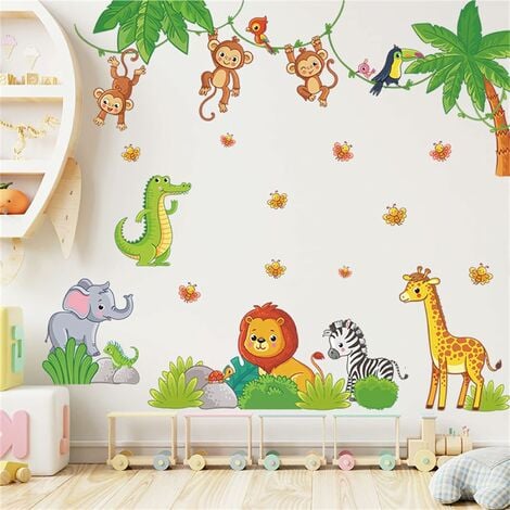 Stickers muraux Animaux de la jungle Singe Girafe Éléphant Lion Zèbre Stickers Muraux, Peel and Stick DIY Vinyle Mural Art pour Enfants Chambre d'enfant Salon Salle de Jeux