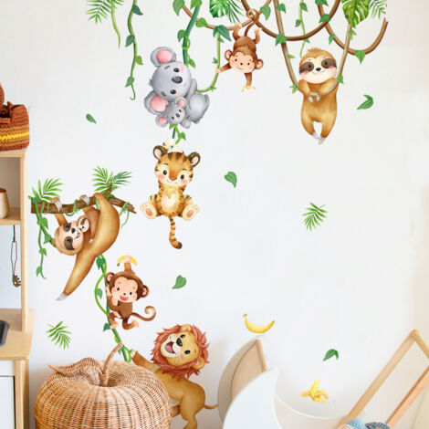 Stickers muraux animaux de la jungle, sticker mural vigne, décoration murale pour chambre d'enfant, bébé, chambre d'enfant, salon