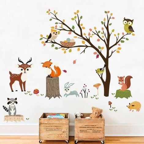 Stickers muraux animaux de la forêt Stickers muraux animaux de dessin animé  mignon raton laveur cerf renard hibou forêt animal sticker mural pour