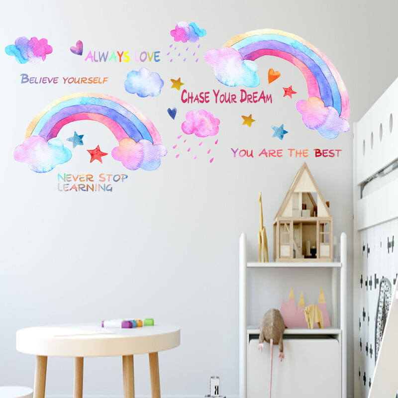 Stickers muraux arc-en-ciel nuages ​​blancs gouttes de pluie colorées et étoiles Stickers muraux bébé pépinière enfants chambre décoration murale