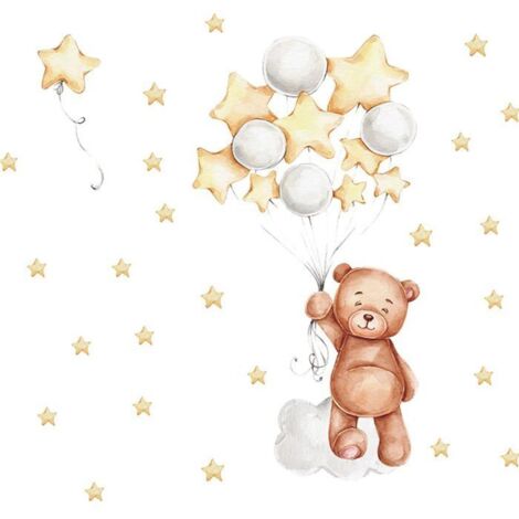Stickers Muraux Ballons et Ours Étoile, Autocollants Enfants pour Garçons et Filles, Décor Porte d'Armoire