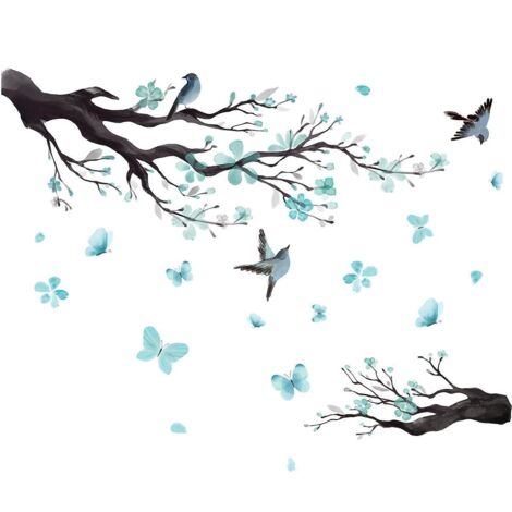 stickers Muraux Branche De Fleur Autocollant Mural Fleurs Bleues Arbre Oiseaux Dcoration Murale Enfants Chambre Salon