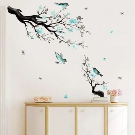 Stickers Muraux Branche de Fleur Autocollant Mural Fleurs Bleues Arbre Oiseaux Décoration Murale Enfants Chambre Salon (93419760)