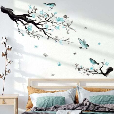 Stickers Muraux Branche de Fleur Autocollant Mural Fleurs Bleues Arbre Oiseaux Décoration Murale Enfants Chambre Salon