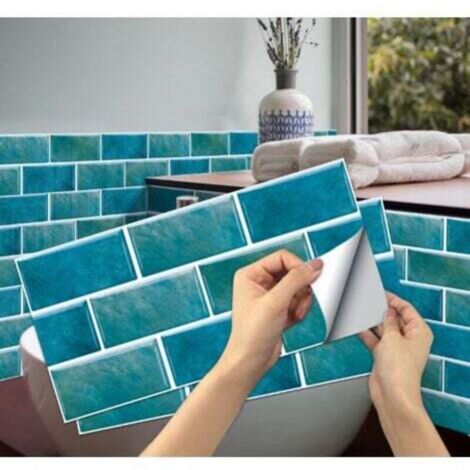 Stickers muraux carrelage cuisine bleu – 6 unités, autocollants PVC imperméables et réutilisables pour salle de bains et cuisine