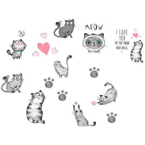 Stickers muraux chats de dessin animé - MAIYU 9 chatons mignons avec des autocollants muraux imprimés de pattes de coeur papillon