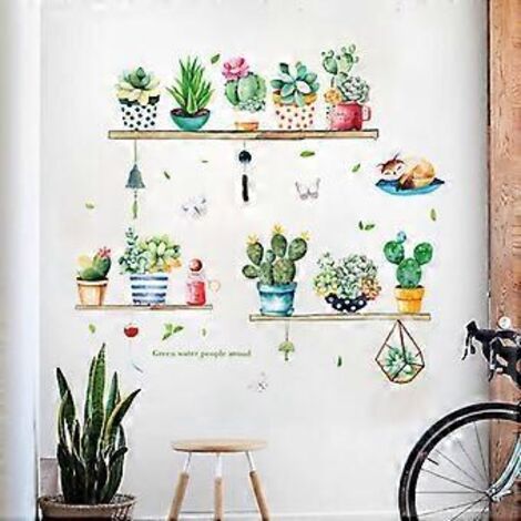 Stickers muraux décoratifs amovibles avec cactus en pot frais pour salon ou chambre, stickers muraux cactus verts, sticker mural chat avec plantes