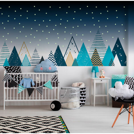 Stickers muraux enfants - Autocollant mural géant enfant montagnes scandinaves MONTAGNES TIPIKA + 100 ÉTOILES PHOSPHORESCENTES - 90x155cm