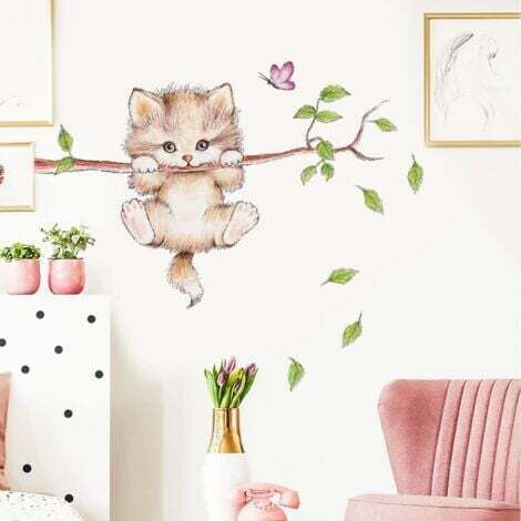 Stickers Muraux Enfants CHAT MIGNON (70x50 cm) I autocollants animaux forêt Arbre branche fleurs I sticker mural pour chambre d'enfant bébé garçon fille