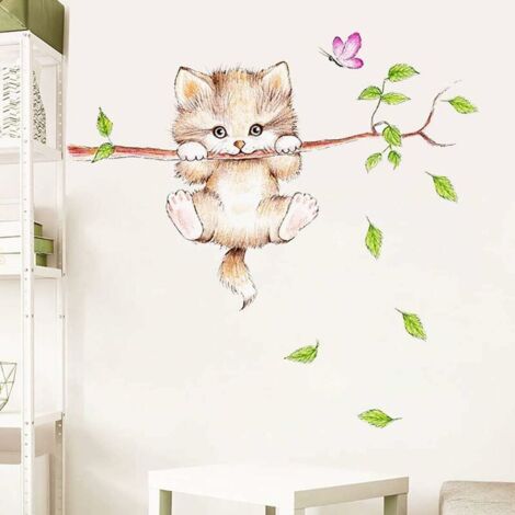 stickers muraux enfants CHAT MIGNONI autocollants animaux forêt Arbre branche fls I sticker mural pour chambre d'enfant bébé(3060CM)
