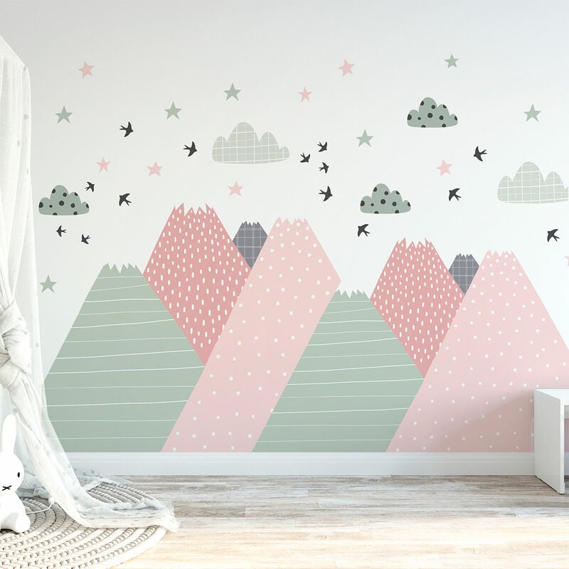 Stickers muraux enfants - Décoration chambre bébé - Autocollant Sticker mural géant enfant montagnes scandinaves bika - 90x135cm
