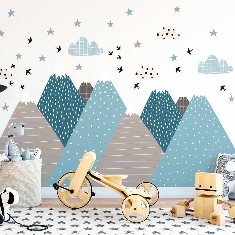 Stickers muraux enfants - Décoration chambre bébé - Autocollant Sticker mural géant enfant montagnes scandinaves vika - 100x150cm
