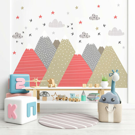 Stickers muraux enfants - Décoration chambre bébé - Autocollant Sticker mural géant enfant montagnes scandinaves KIKA - 40x60cm