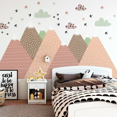 Stickers muraux enfants - Autocollant mural géant enfant montagnes  scandinaves MONTAGNES PARKA + 100 ÉTOILES PHOSPHORESCENTES - 50x75cm