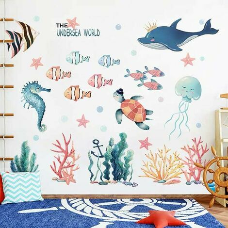 Stickers muraux enfants MONDE SOUSMARIN poissons aquarium mer autocollants I sticker mural pour salle de bain carrelage, chambre d'enfant bébé garçon fille (140118cm)