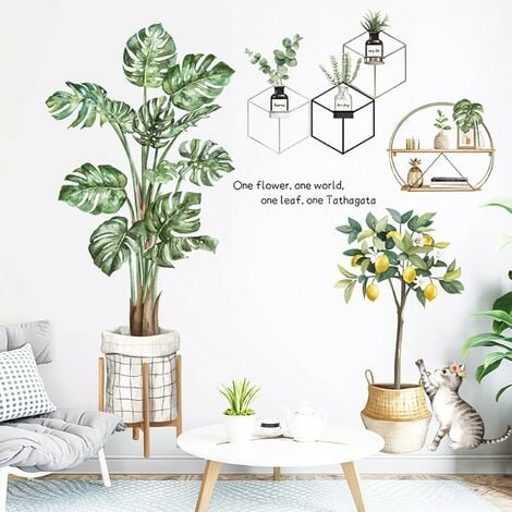 1 ensemble cadre en fer plante verte autocollant mural plantes en pot  Stickers muraux bricolage amovible Cactus Monstera Stickers muraux pour la