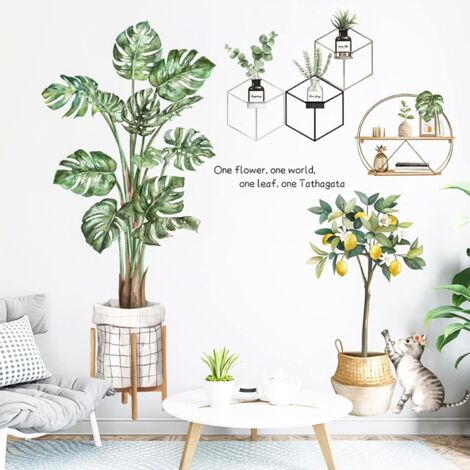 Stickers muraux feuilles vertes plantes tropicales, stickers muraux palmiers, décoration murale chat citronnier pour chambre salon salle de classe bureau décoration de la maison
